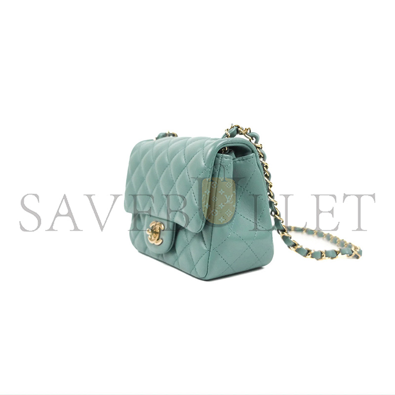 CHANEL QUILTED MINI SQUARE FLAP LIGHT TEAL BLUE LAMBSKIN GOLD HARDWARE (17*13*7cm)